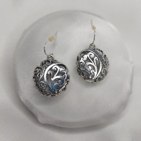 Jewelry - Round Puffy Filigree Drop Earrings Silver Tone